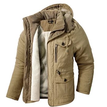 Nové pánske Zahustiť Parkas Teplá Zimná Bunda Cashmere Fleece Coats Vojenské Vonkajšie Bavlna-Čalúnená Muž Windbreaker Kapucňou Outwear