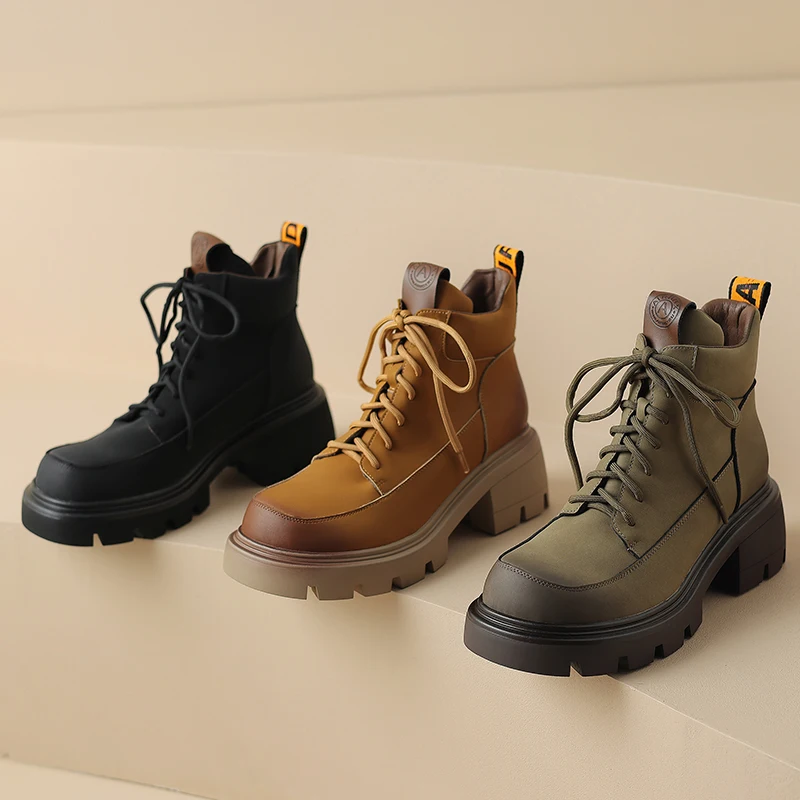 2023 nové Jeseň zima Ženy členková obuv prírodná koža 22-24.5 cm cowhide+bravčovej moderné topánky šnurovacie krátke topánky, pracovná obuv - 0