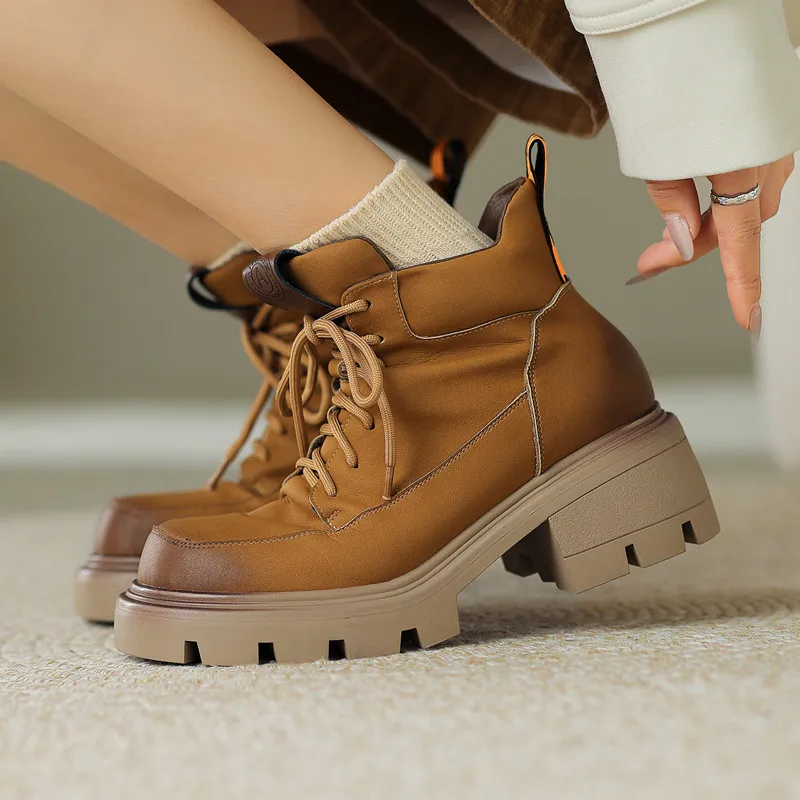 2023 nové Jeseň zima Ženy členková obuv prírodná koža 22-24.5 cm cowhide+bravčovej moderné topánky šnurovacie krátke topánky, pracovná obuv - 1
