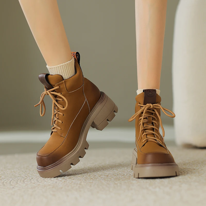 2023 nové Jeseň zima Ženy členková obuv prírodná koža 22-24.5 cm cowhide+bravčovej moderné topánky šnurovacie krátke topánky, pracovná obuv - 3