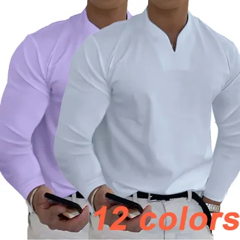 2023 pánskej Módy Slim Fit Košele Bežné Dlhý Rukáv, V-Neck Tričko Soft Tričko pánske Oblečenie Klasické jednofarebné Tričko