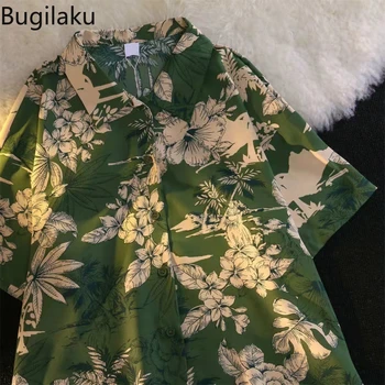 Bugilaku Hong Kong štýl pánske letné retro kvetinový tričko pánske krátke rukávy všestranný voľné kovanie pár tričko