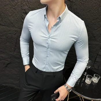 Camisas De Hombre Plus Veľkosť Podniku Formálne Oblečenie S Dlhým Rukávom Pruhované Tričko Pre Mužov Oblečenie Slim Fit Bežné Kancelárske Blúzka Homme