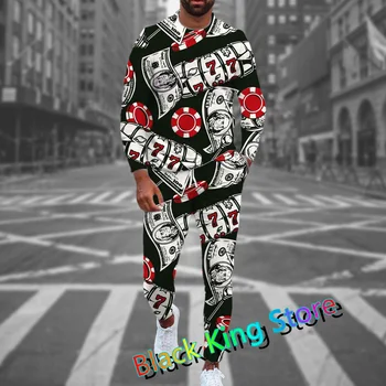 Jeseň pánske Tepláky Módne Poker 3D Tlač Dlhý Rukáv T-Tričko+Nohavice Set 2 Ks Mužskej Jogger Suit Streetwear Oblečenie Oblečenie