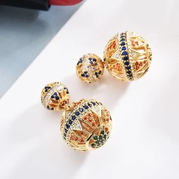 Kvalitné luxusné duté dizajn, farebné zirkón ťažné strane loptu stud vintage náušnice etnických šperky pre ženy darček