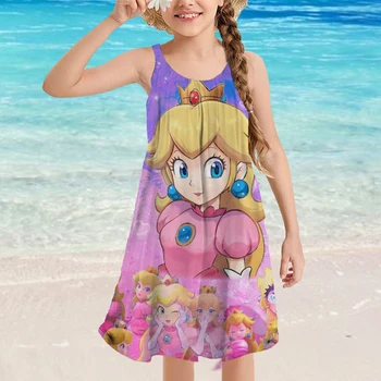Letné Dievčenské Plážové Šaty Mario Brothers Peach Šaty Princezná Tlač Závesný Popruh Ruffles Beach Princezná Šaty Dievčenské Oblečenie