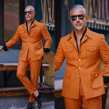Móda Mužov, Svadobné Obleky Orange 2 Kusy Jeseň Kabát Business Príčinné Dizajnér Bunda, Nohavice Zákazku štyri vrecká, Nohavice Sako