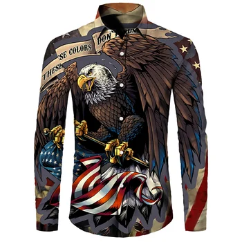 New American Eagle 3D Vytlačené Mužov Košele Zase dole Golier Zapol Tričko Bežné Dlhý Rukáv Topy pánske Streetwear Oblečenie