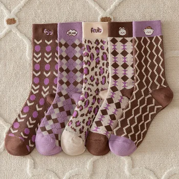 Nové Jesenné Zimné Fialové Ponožky Ženy Japonský Kawaii Cartoon Výšivky Roztomilé Ponožky Pletenie Bavlna Harajuku Vintage Dlhé Ponožky