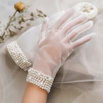 Nové Svadobné Rukavice Biele Krátke Elegantné Módne Tylu Korálky Všetky Prst Žien Svadobné Svadobné Šaty, Doplnky Strany