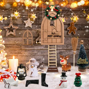 Prútený Vianočný Stromček Veniec Miniatúrne Nissedor Víla Dvere Mini Drevené Elf Dvere Domček Pre Bábiky Príslušenstvo 1:12 Doll House Decoration