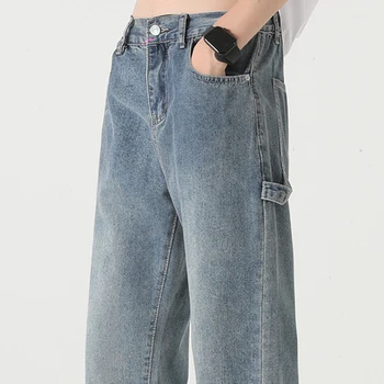 Pánske denim džínsy umyté trendy high street voľné kovanie rovné nohavice vintage džínsy dizajn voľné nohavice