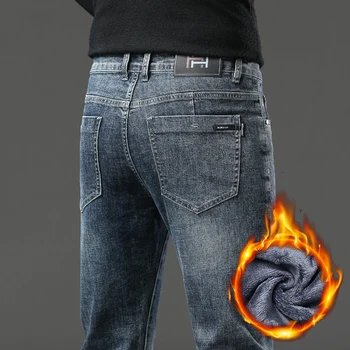 Rovno Elastické Fleece Jeans pánske Oblečenie 2023 Zimné Nové Hrubé Teplé Bežné Slim Módne Male Retro Džínsové Nohavice