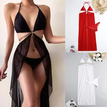 Sexy Dlhé Sarong Šaty, Plavky Ženy Okolo Podprsenka Telo Reťazca Sklzu Plaviek S Remeň 2 Dielna Sada Bikini 2023 Plavky, Oblečenie