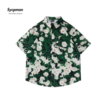 Sycpman Retro Kvetinový Tlač Krátke Rukávy Košele pre Mužov a Ženy Trendy Voľné Pár Univerzálne Tričko Bežné Oblečenie na Leto