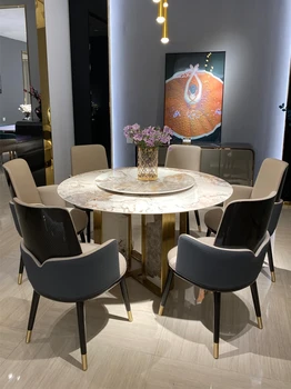 Taliansky mramor tabuľka high-end villa domov z nehrdzavejúcej ocele, jedálenský stôl a stoličky kombinácia moderných svetla luxusné okrúhleho stola