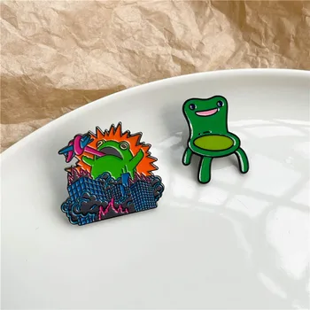 Zábavnej Zničenie Mesta Žaba Monster Brošňa Cartoon Zelená Žaba Zvierat Stoličky Smalt Klopě Pin Odznak Deti, Darčeky, Šperky
