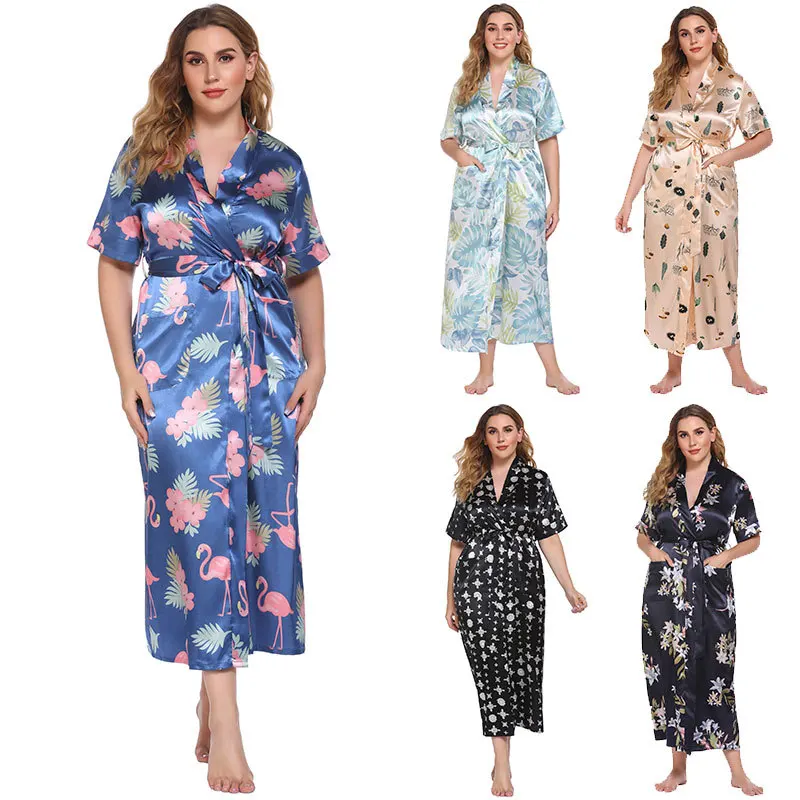 Veľká Veľkosť 3Xl 4Xl Nightgown Krátky Rukáv Kimono Župan pre Ženy Voľné Sleepwear Saténový Župan Bežné Intímne spodné Prádlo, Domáce Oblečenie - 0