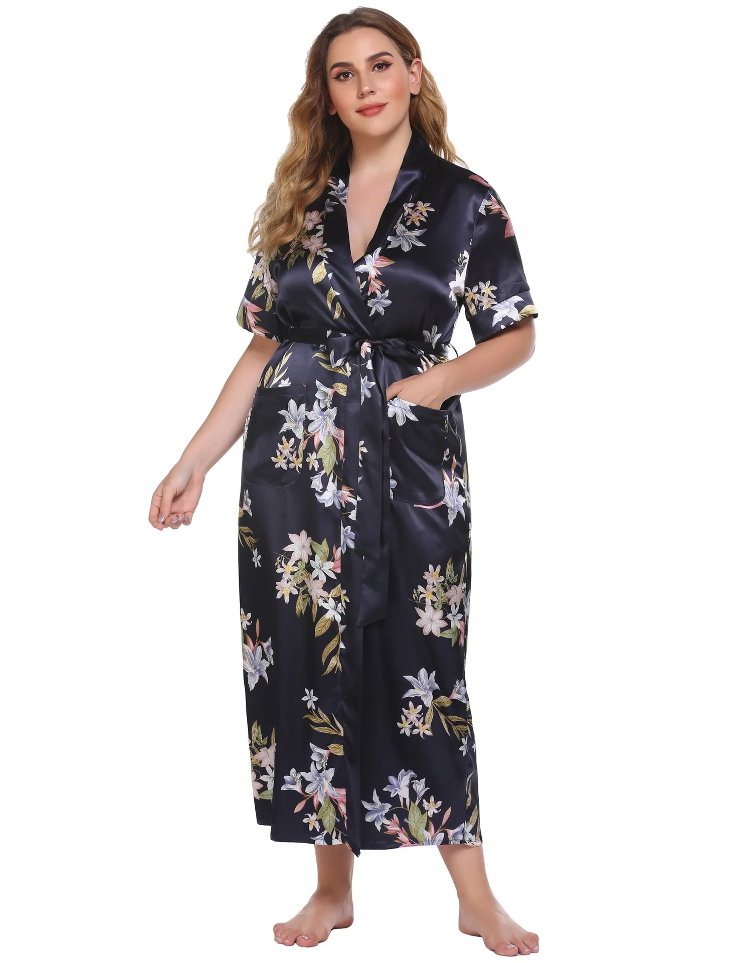 Veľká Veľkosť 3Xl 4Xl Nightgown Krátky Rukáv Kimono Župan pre Ženy Voľné Sleepwear Saténový Župan Bežné Intímne spodné Prádlo, Domáce Oblečenie - 4