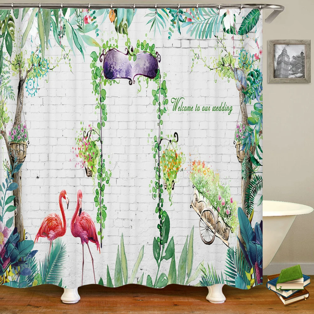 Sprchový Záves Nordic štýl Rastlín, Listy, Kvety a Vtáky 3D Tlač Sprchové Závesy Polyester Waterproof Domova Opony - 0