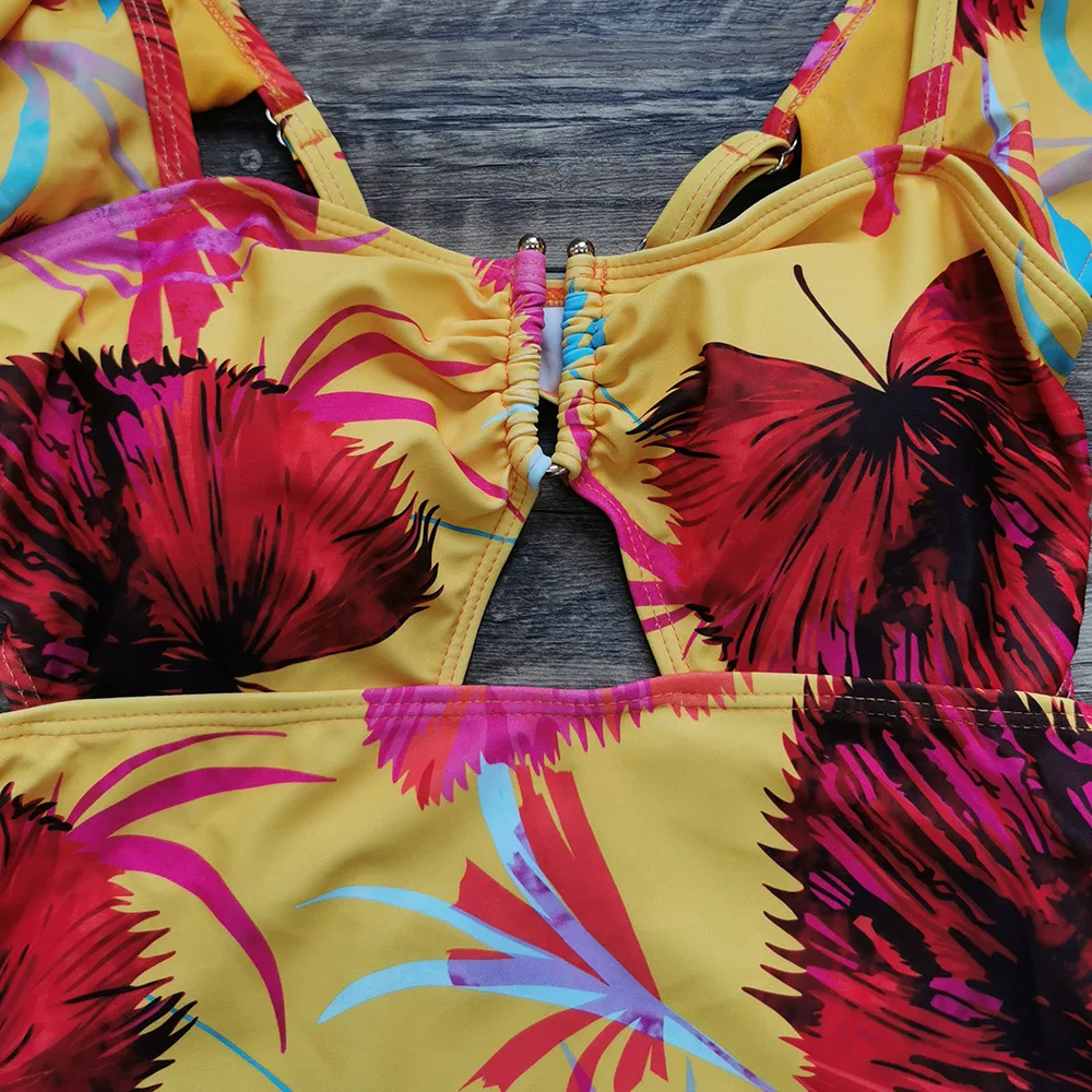 Jednodielne Plavky Vintage Yellow Kvetinový Tlač Duté Z Kovu U Krku Kombinézu 2023 Letné Kúpanie Oblek Bruško Kontroly Plavky - 3